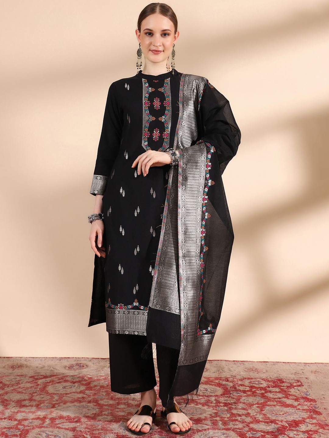 

KIDAR Floral Woven Design Jacquard Straight Cotton Silk Kurta With Trousers & Dupatta, Black