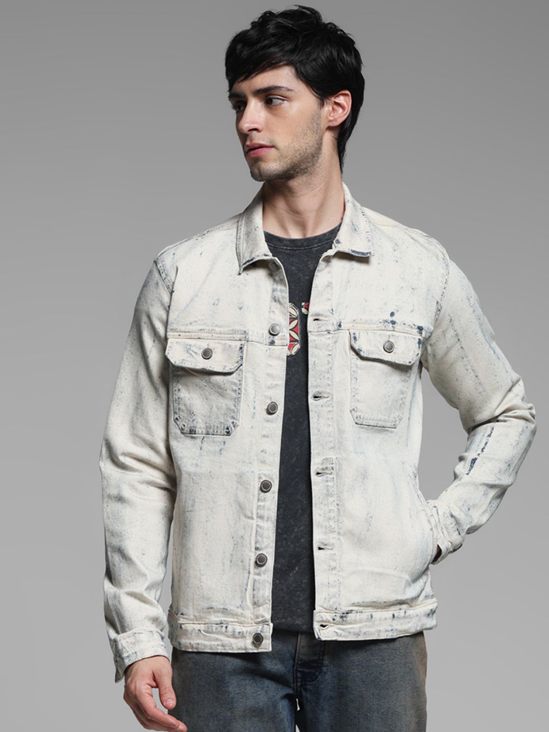 

Jack & Jones Men Denim Jacket with Patchwork, Beige