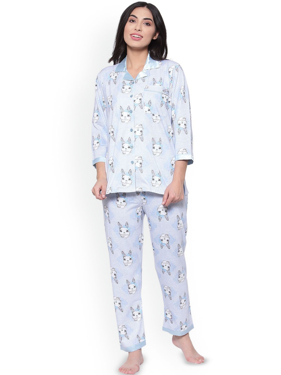 

SHYAM SONS FLAIR Women Conversational Printed Lapel Collar Night suit, Blue