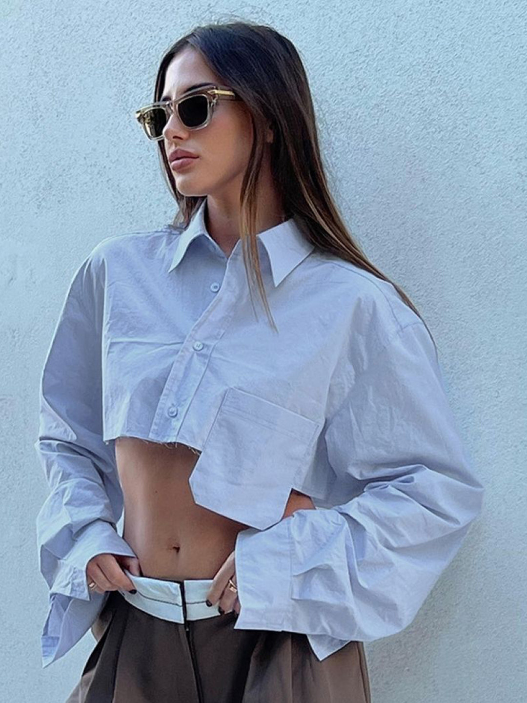 

KPOP Women Solid Shirt Collar Top, Blue