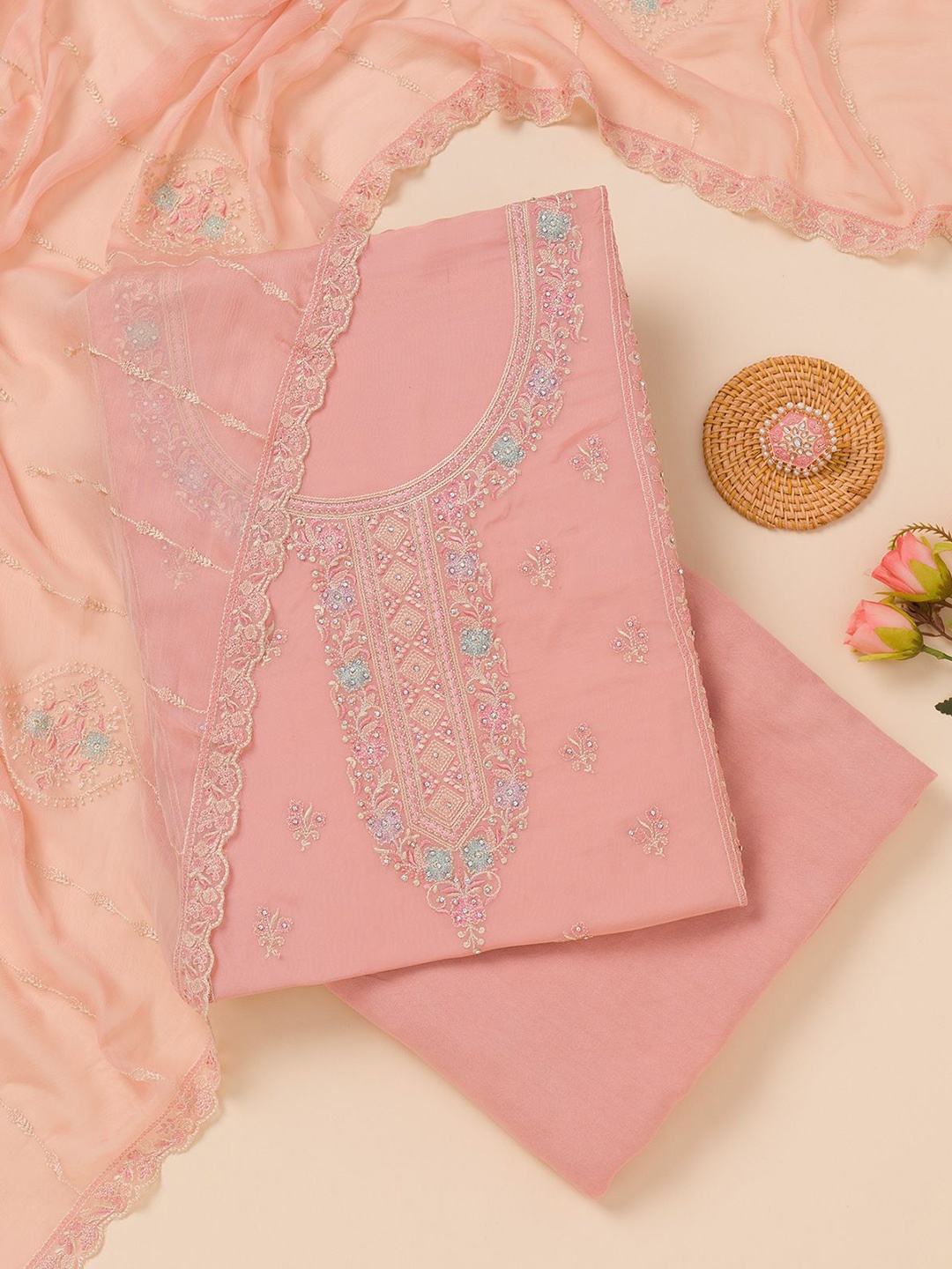 

Koskii Floral Embroidered Zari Unstitched Dress Material, Peach