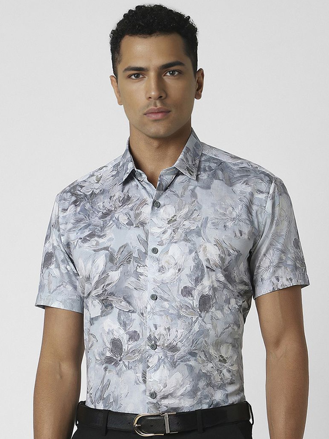 

V Dot Men Spread Collar Floral Printed Cotton Slim Fit Party Shirt, Grey