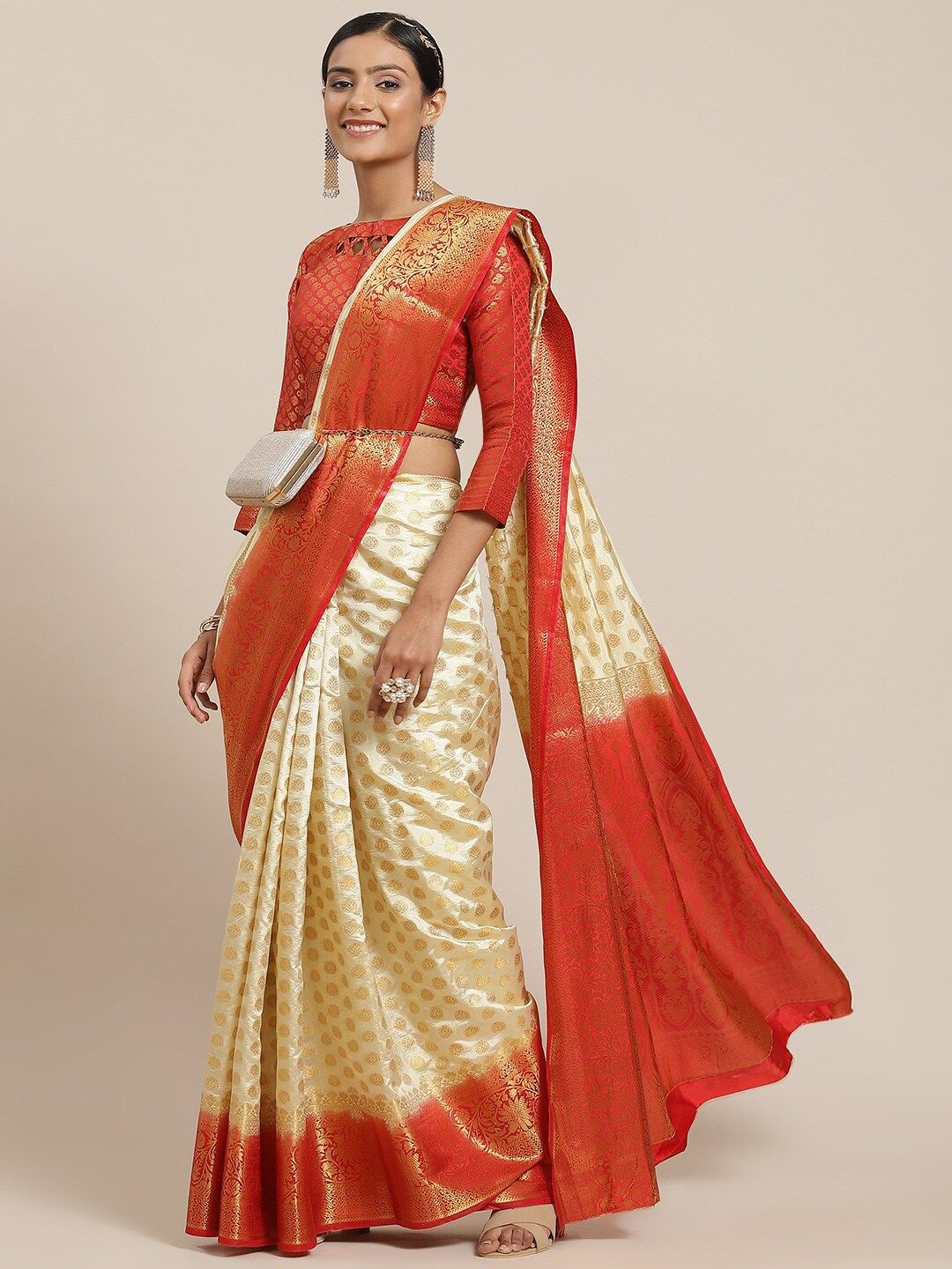 

RAJGRANTH Woven Design Zari Silk Cotton Banarasi Saree, Cream