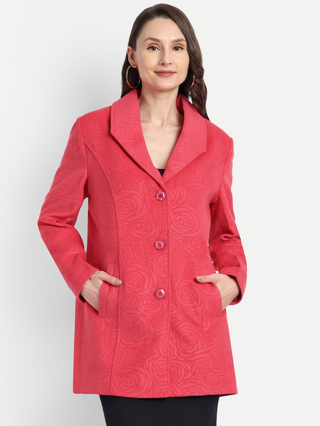 

HAUTEMODA Women Solid Notched Lapel Collar Double-Breasted Overcoat, Pink