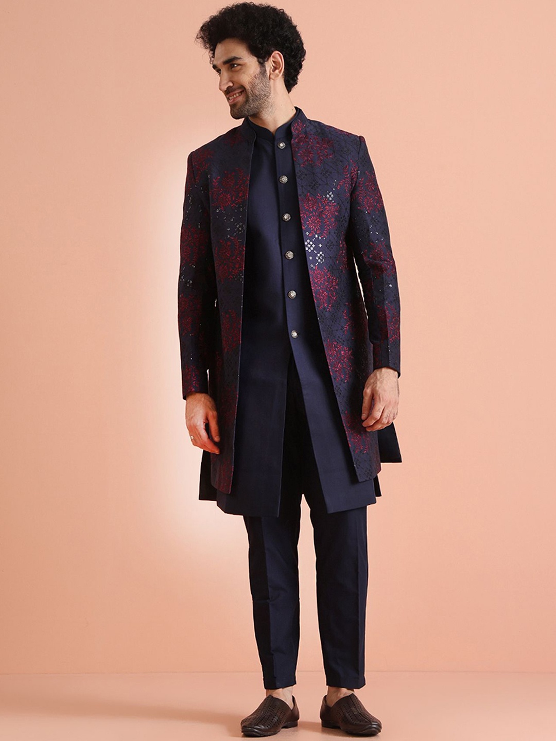 

KISAH Men Jacquard Regular Solid Jacket Sherwani Trouser Set, Navy blue