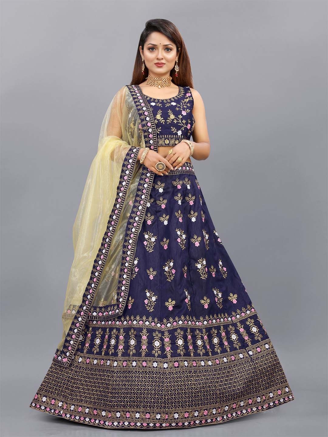 

Aika Embroidered Thread Work Semi-Stitched Lehenga & Unstitched Blouse With Dupatta, Blue