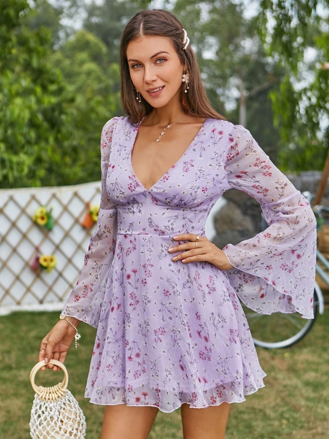 

KPOP Floral Print Bell Sleeve A-Line Dress, Purple