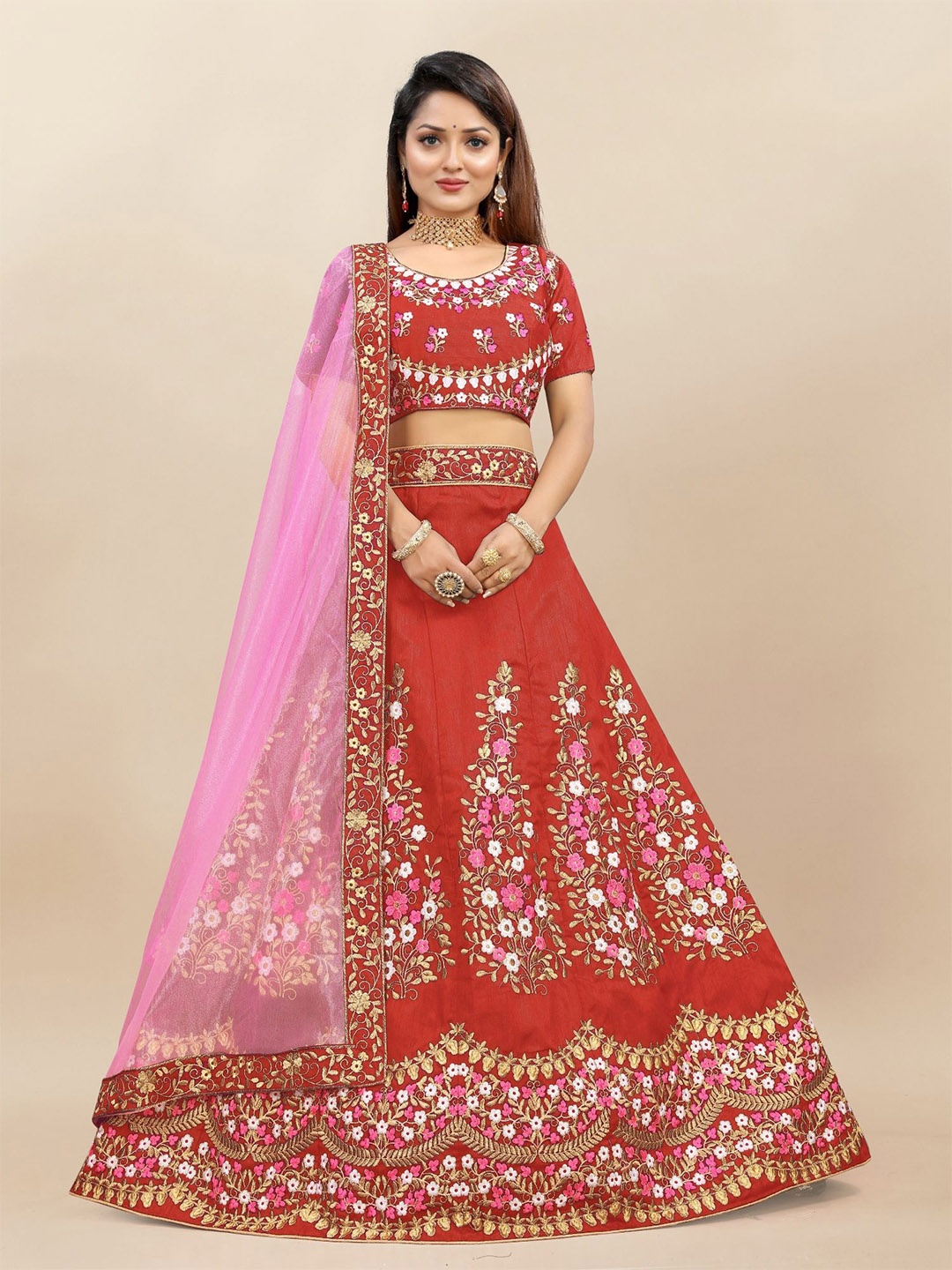 

LADY SHOPI Embroidered Beads and Stone Semi-Stitched Lehenga & Unstitched Blouse & Dupatta, Red