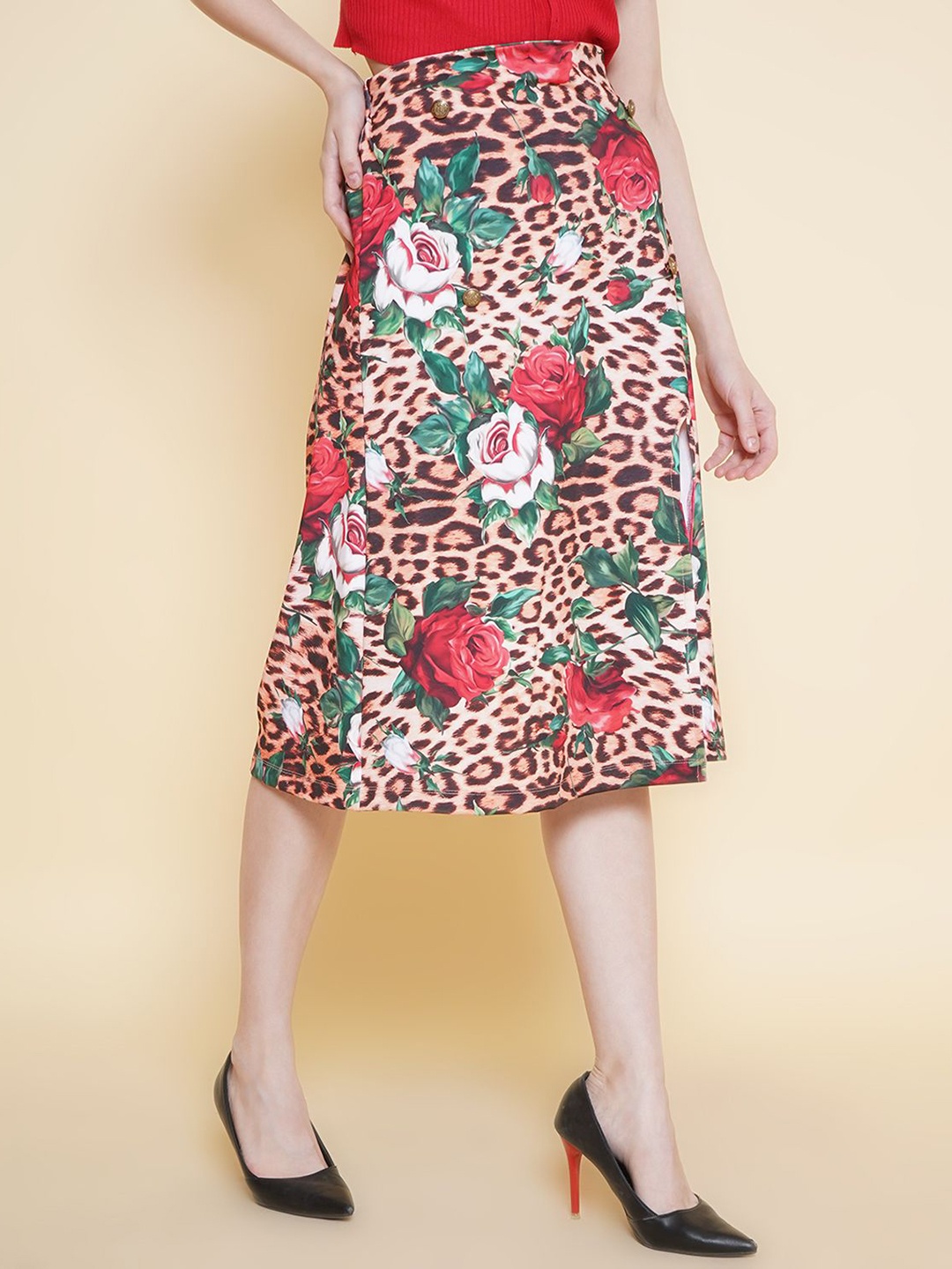 

BAESD Women Floral Printed One Side Slit Knee Length Pencil Skirt, Brown