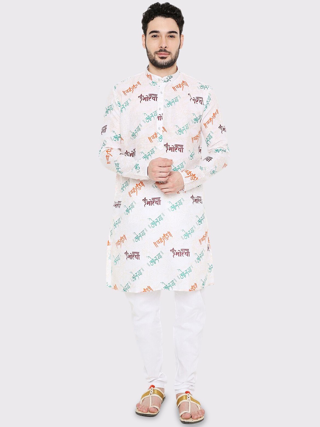 

Maharaja Ganpati Bappa Morya Printed Mandarin Collar Straight Kurta, White