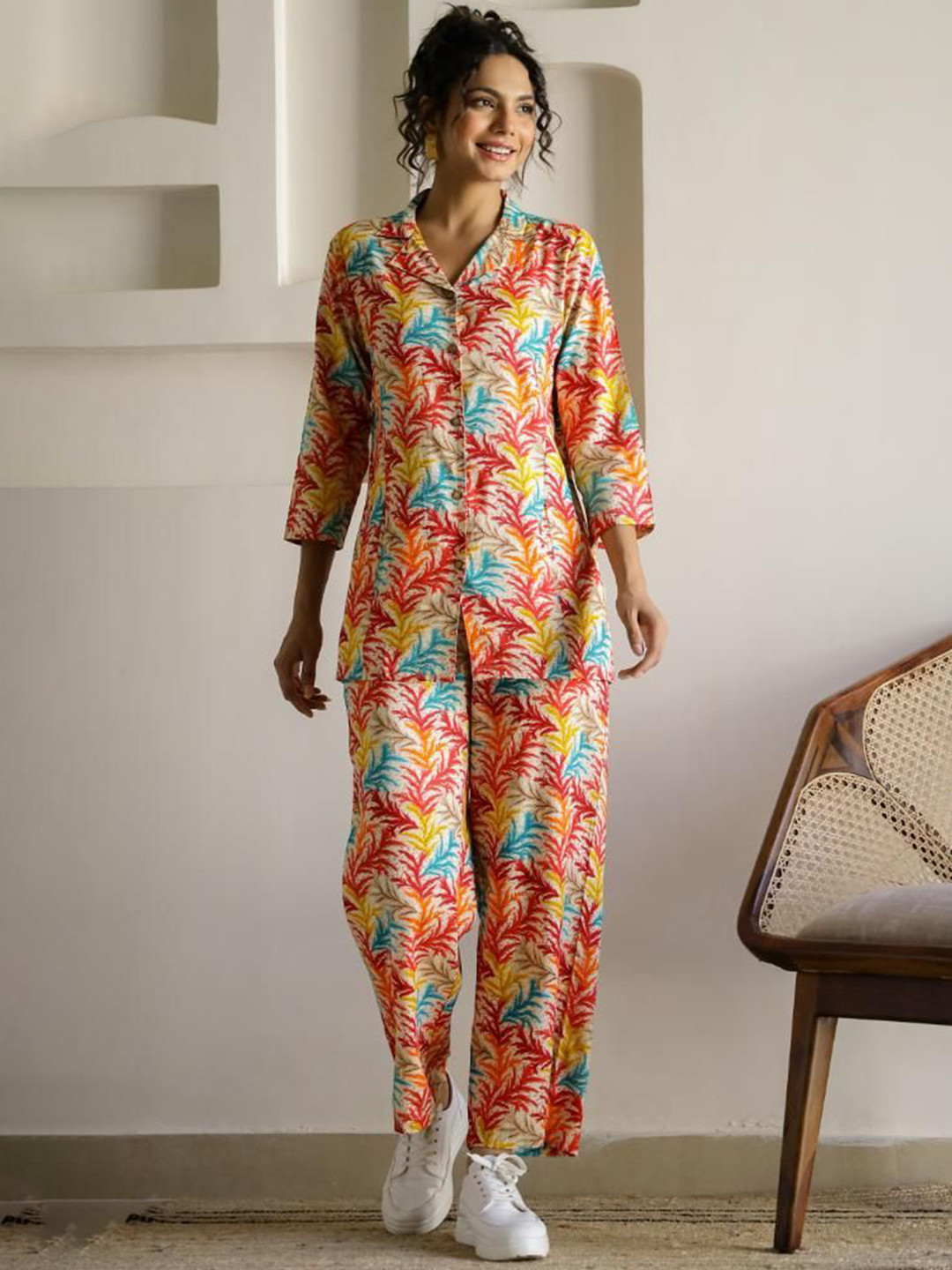 

FLAVIA CREATION Floral Printed Pure Cotton Shirt With Trousers, Red