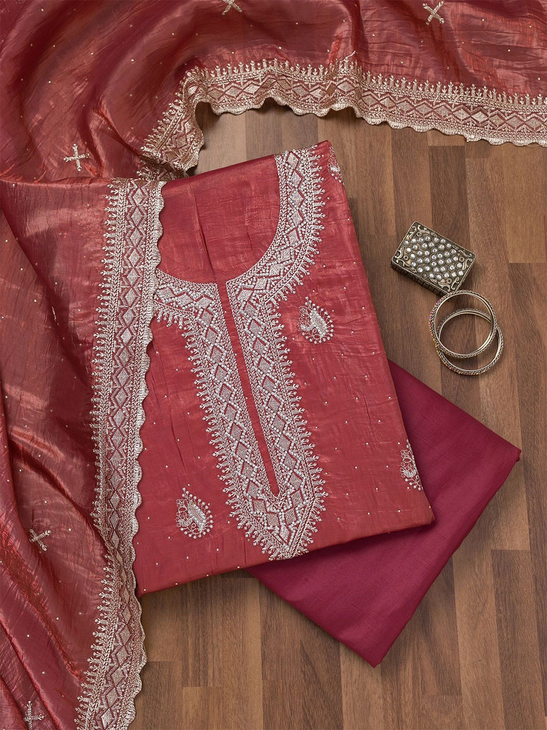 

Koskii Floral Embroidered Zari Unstitched Dress Material, Pink