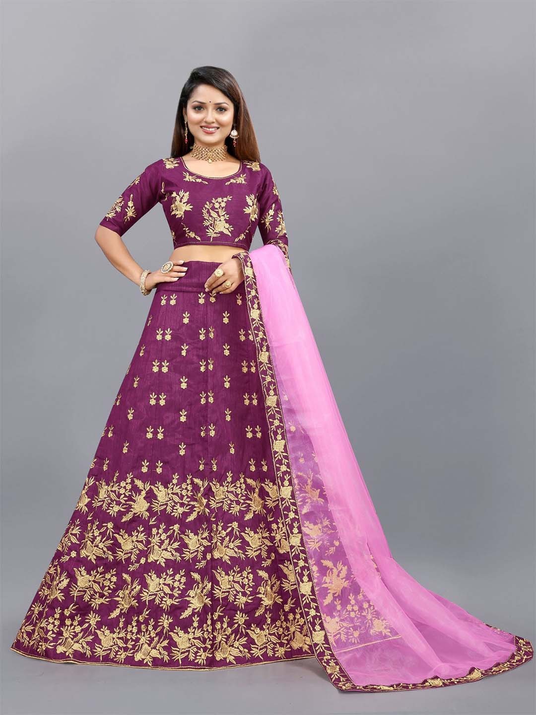 

Aika Embroidered Thread Work Semi-Stitched Lehenga & Unstitched Blouse With Dupatta, Purple