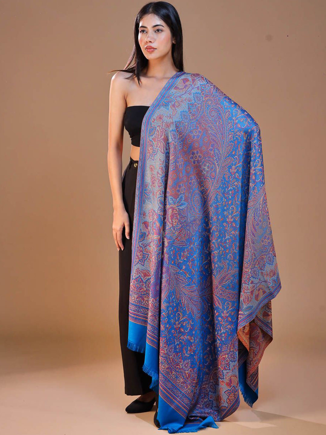 

SWI Stylish Floral Woven Design Shawl, Turquoise blue
