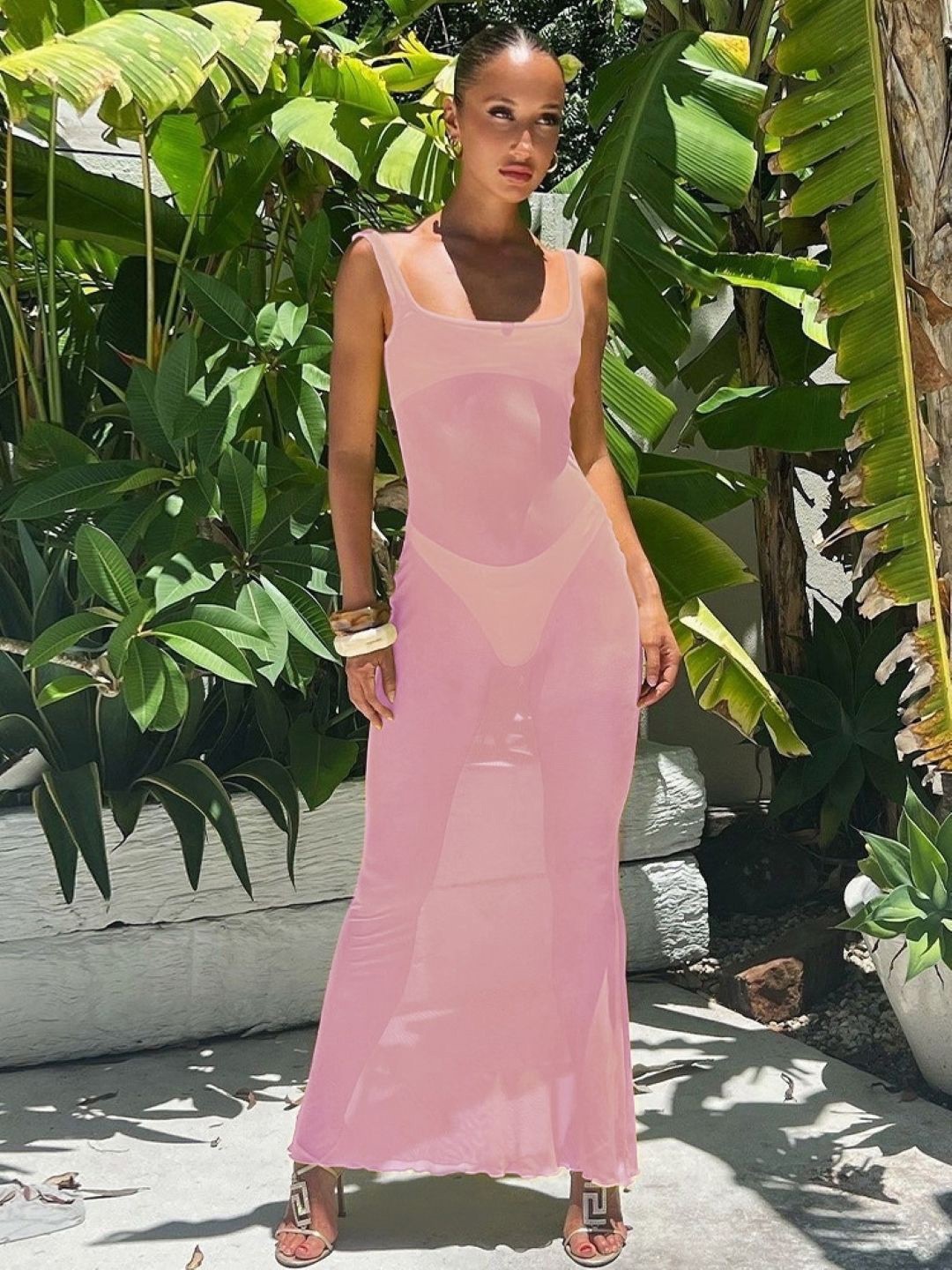 

KPOP Women Square Neck Solid Sleeveless Bodycon Dress, Pink
