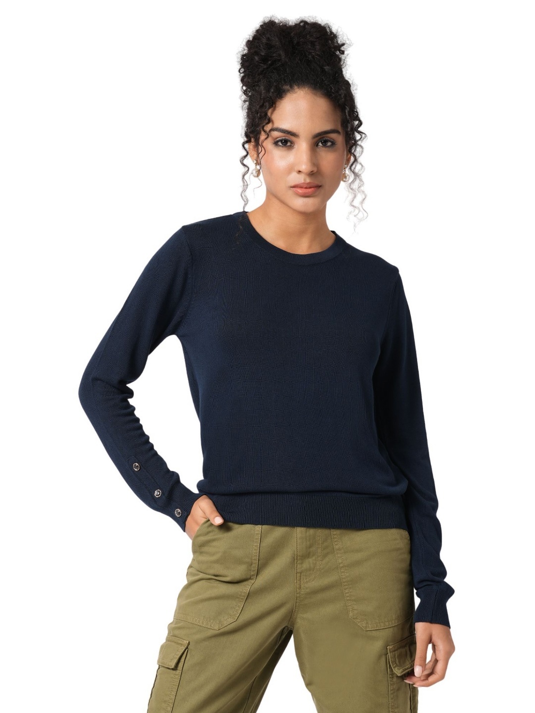 

Kraus Jeans Women Solid Round Neck Cotton Slim Fit T-shirt, Navy blue