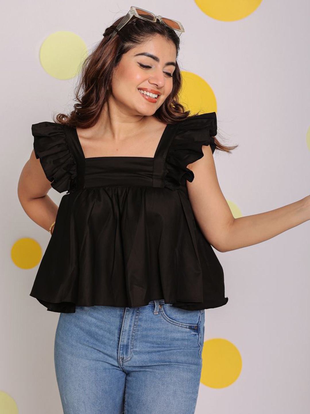 

KAORI BY SHREYA AGARWAL Women Solid Square Neck Cotton Top, Black