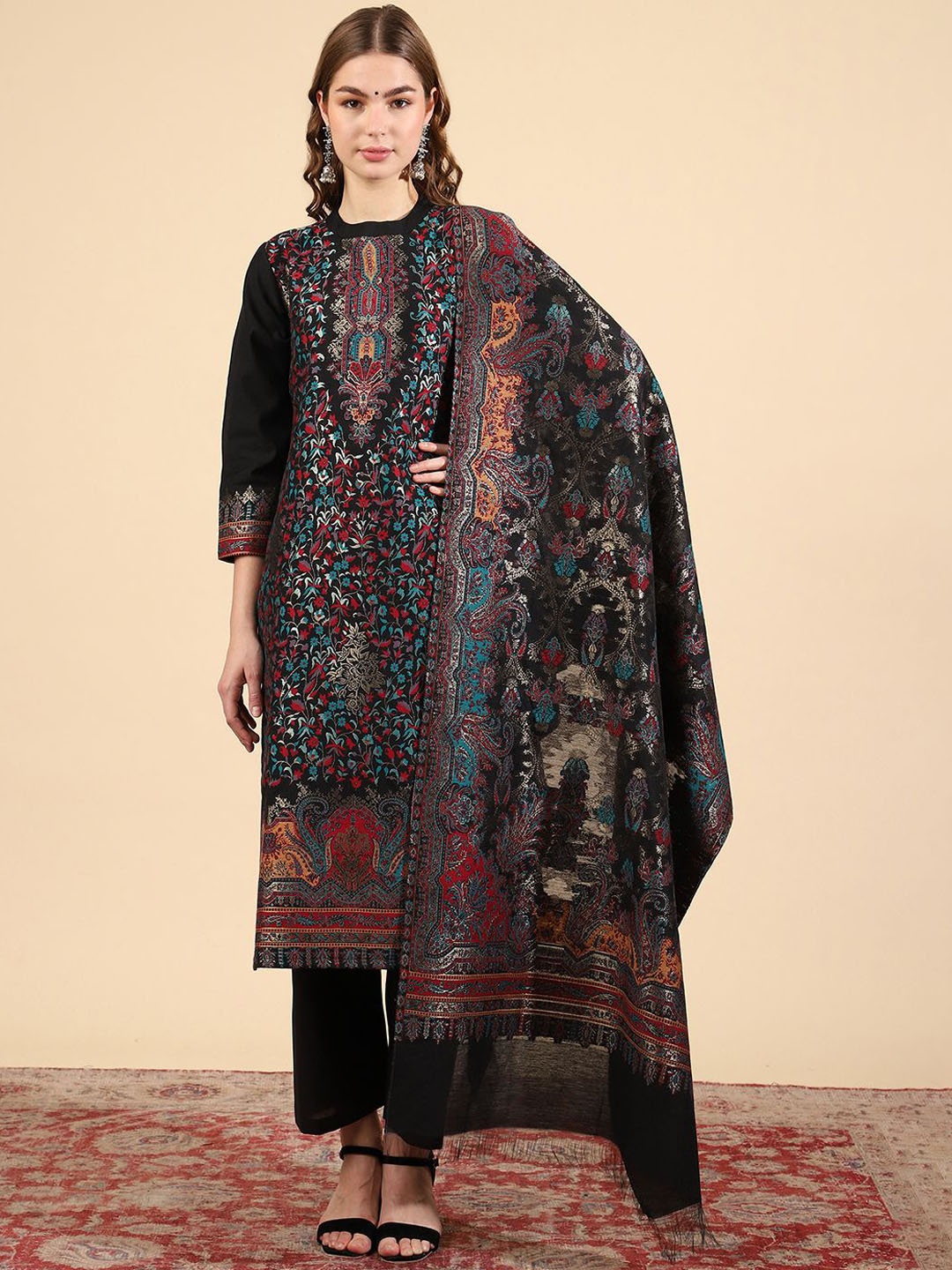 

KIDAR Floral Woven Design Jacquard Straight Kurta With Trousers & Dupatta, Black