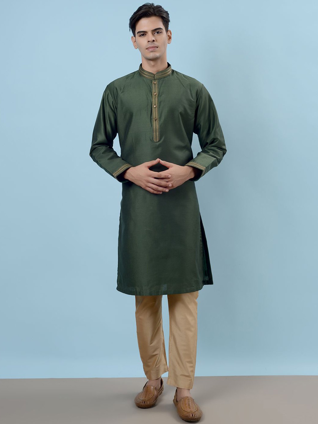 

azania Striped Embroidered Mandarin Collar Thread Work Straight Kurta With Pyjamas, Green