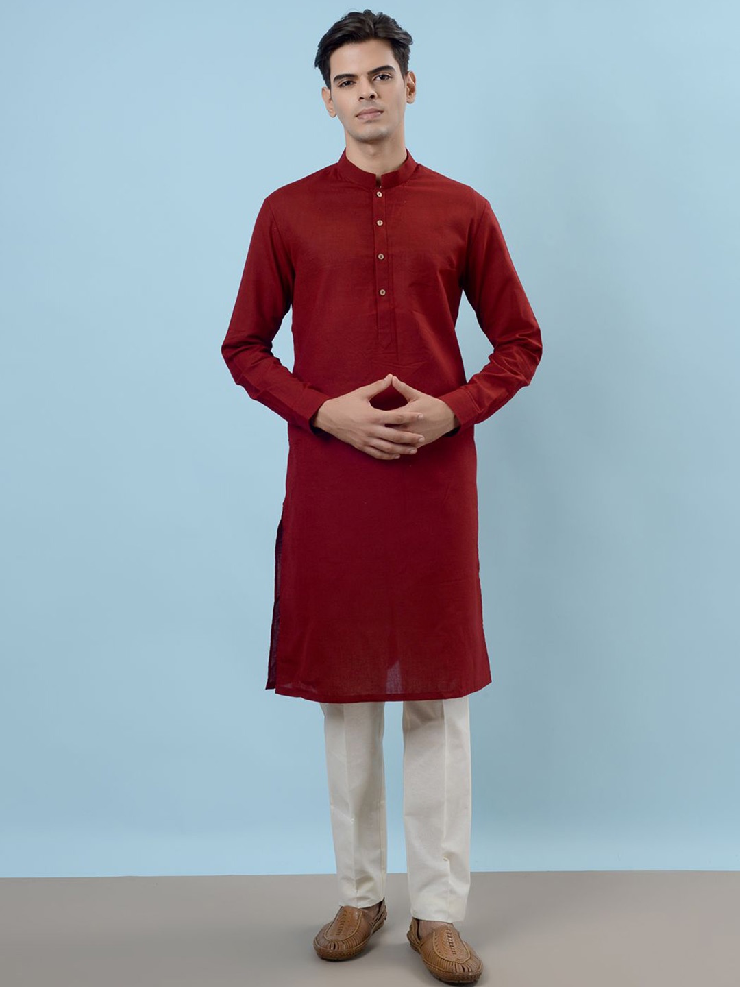 

JADE BLUE Mandarin Collar Straight Kurta with Pyjamas, Red