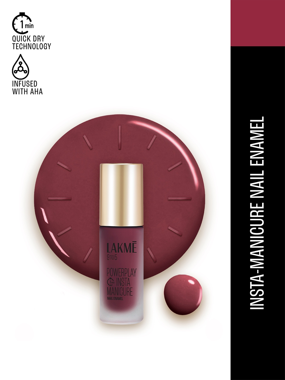 

Lakme 9to5 Powerplay Insta-Manicure Quick Dry Technology Nail Enamel 6ml - Sangria Sunset, Maroon