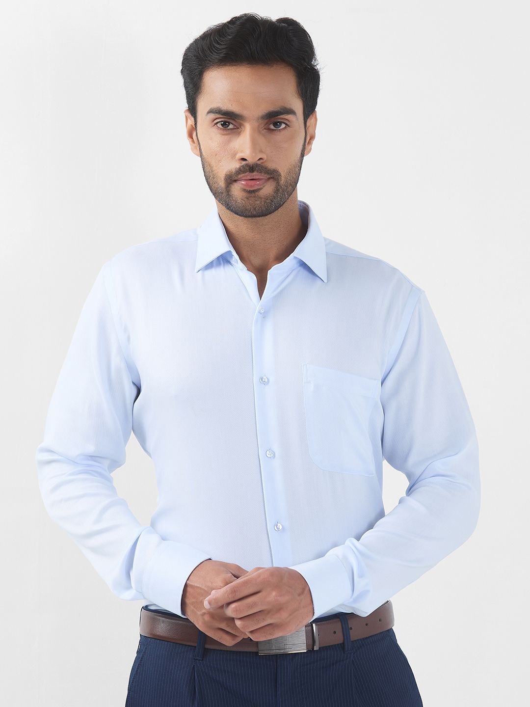 

Raymond Men Contemporary Spread Collar Solid Cotton Formal Shirt, Blue