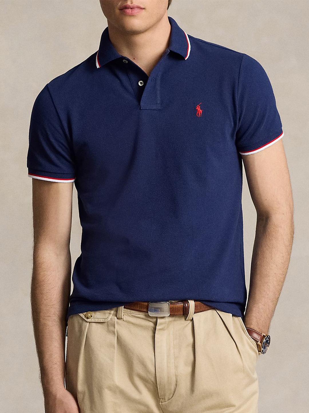 

Polo Ralph Lauren Men Solid Polo Collar Cotton Slim Fit T-shirt, Blue