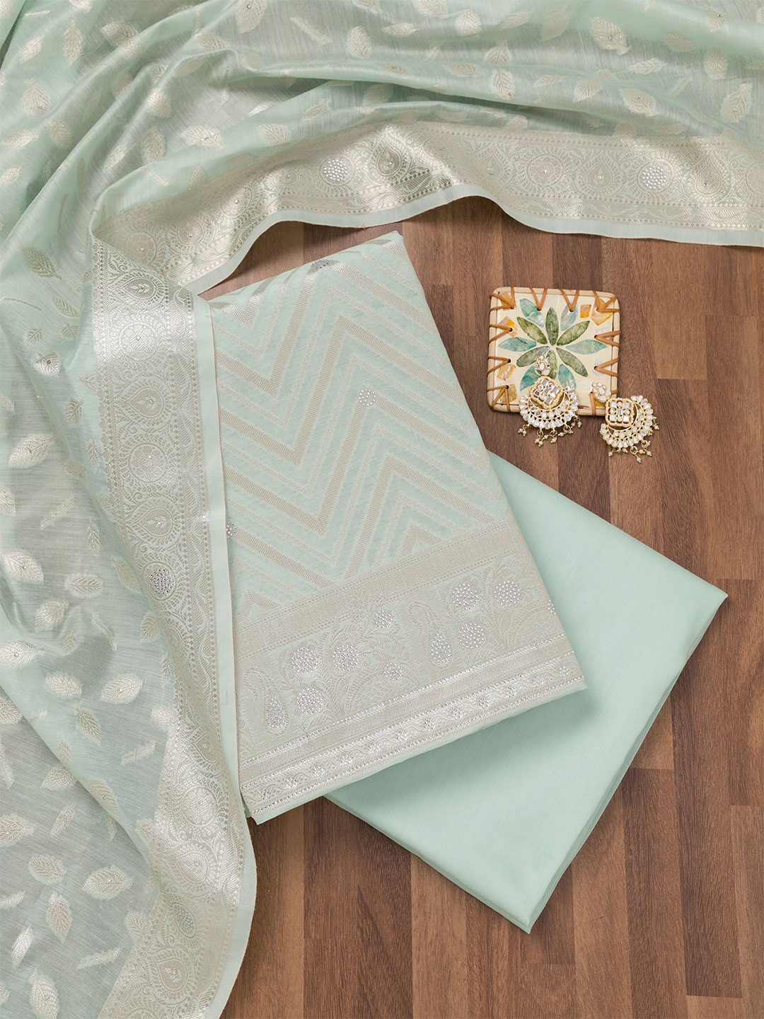 

Koskii Chevron Embroidered Zari Unstitched Dress Material, Green