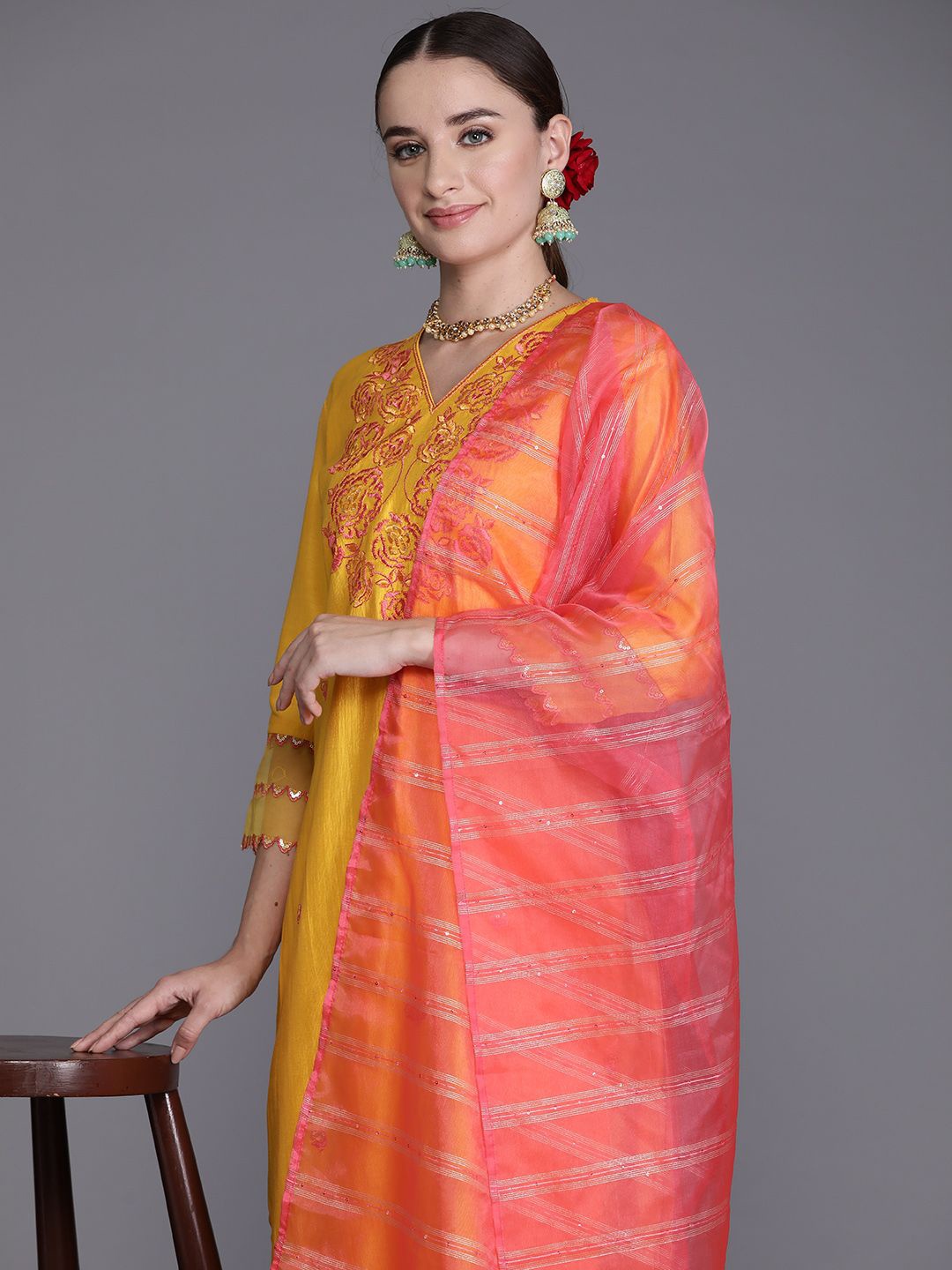 

Anouk Floral Embroidered Regular Sequinned Liva Straight Kurta with Trousers & Dupatta, Yellow