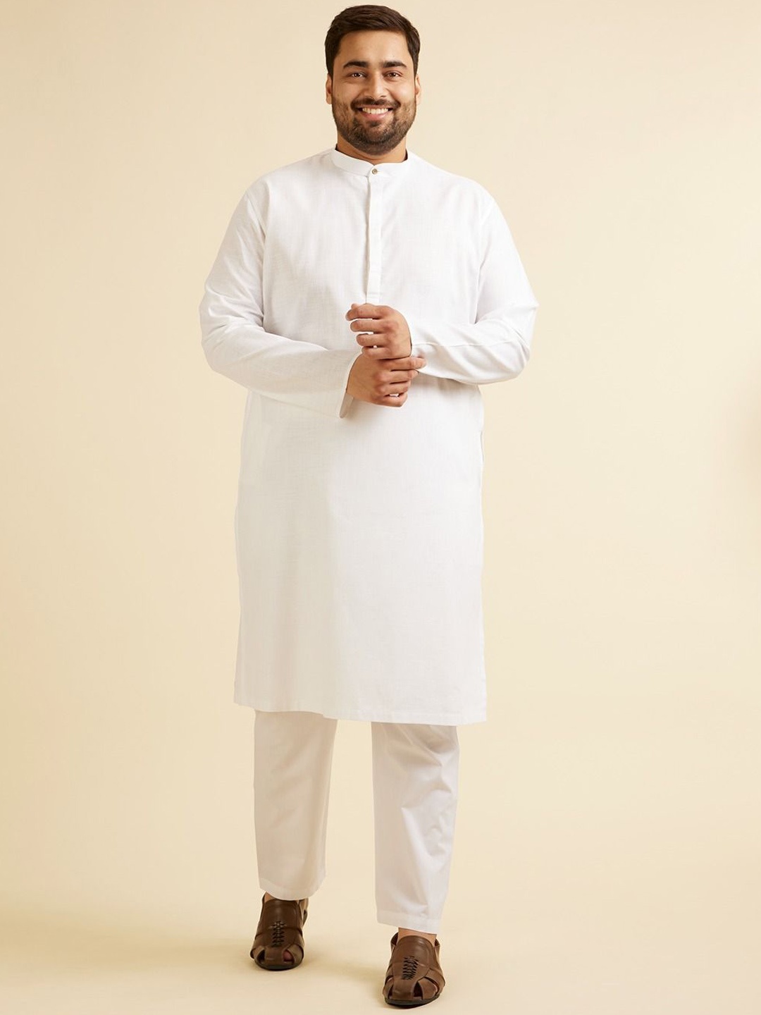 

Manyavar Plus Size Thread Work Mandarin Collar Straight Kurta With Pyjama, White