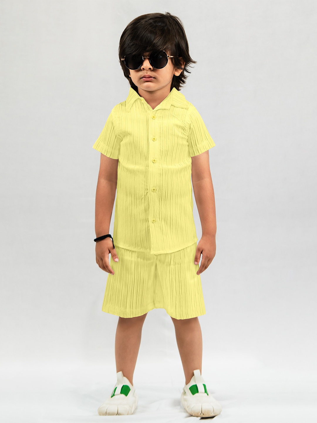 

Emblica Unisex Kids Self Design Shirt Collar Short Sleeves Casual Shirt With Shorts, Yellow