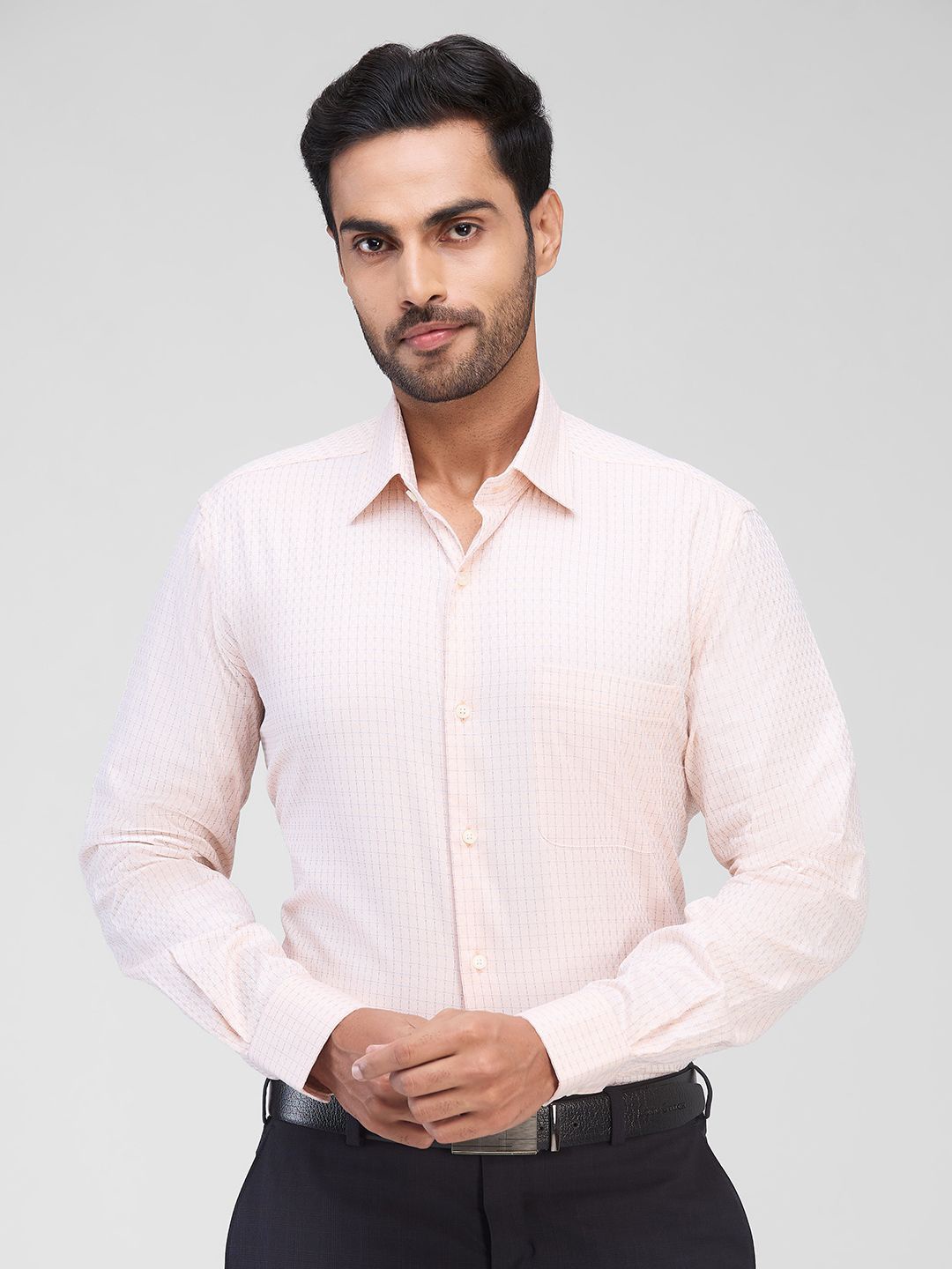 

Raymond Men Contemporary Spread Collar Checked Cotton Formal Shirt, Orange