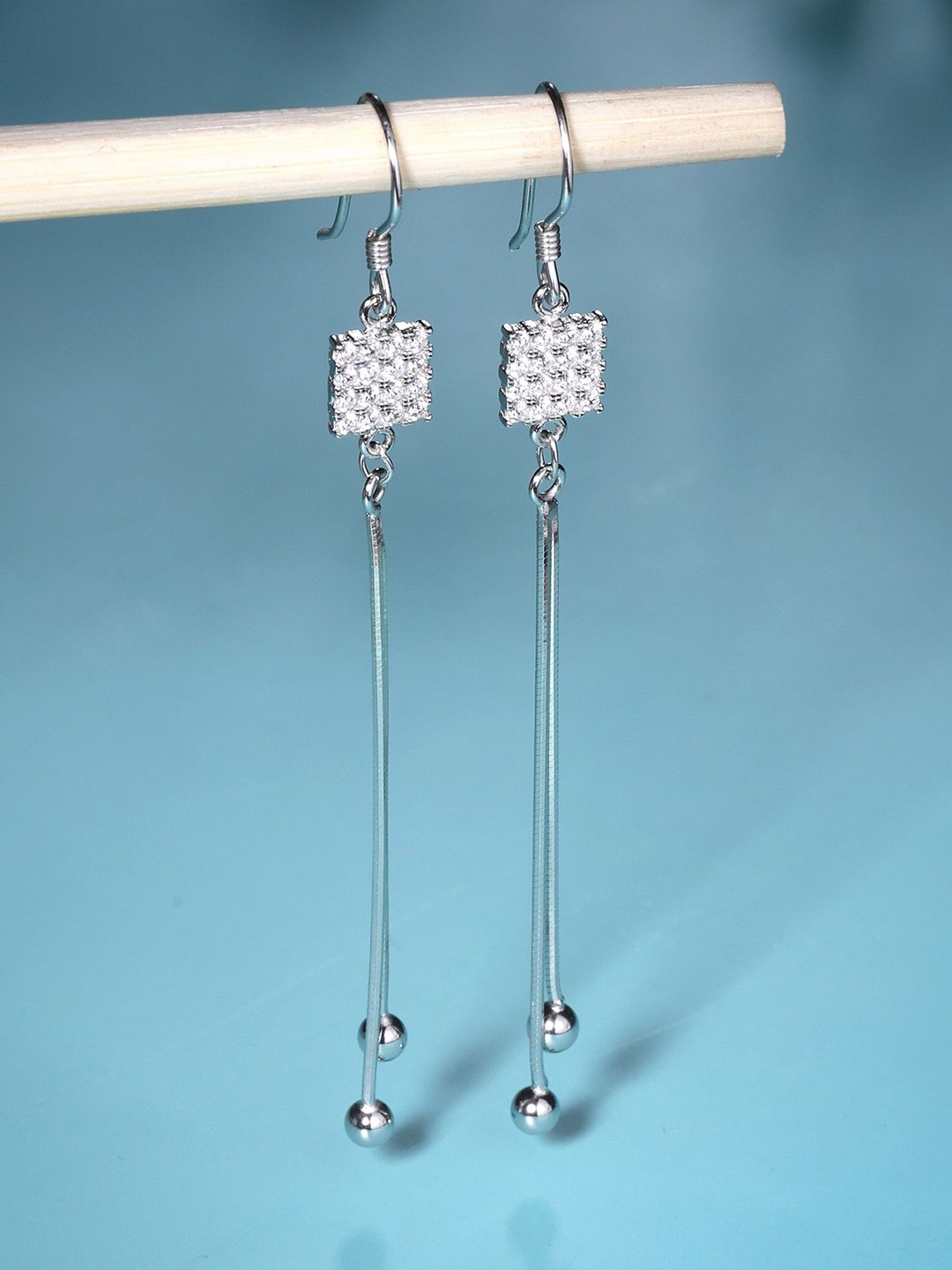 

DEESSA 925 Sterling Silver Rhodium Plated Stone Studded Contemporary Drop Earrings