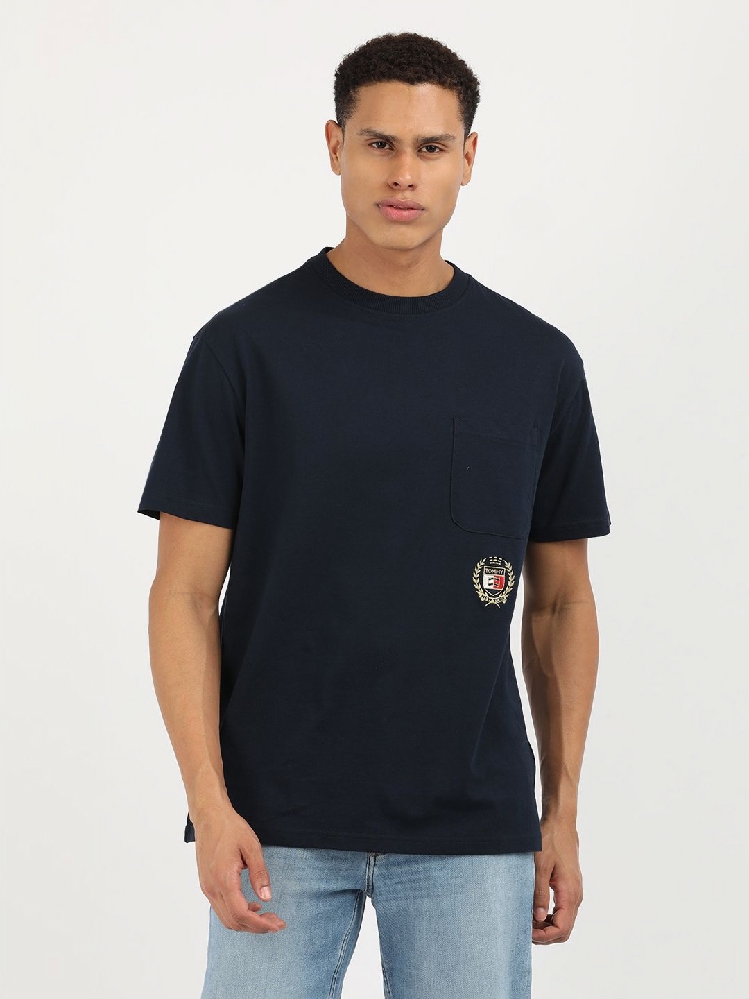 

Tommy Hilfiger Men Brand Logo Printed Round Neck Cotton T-shirt, Blue