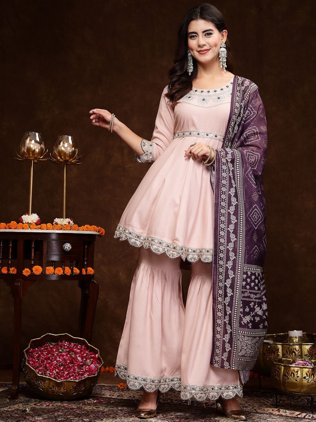 

Stylum Rose Gold & Purple Ethnic Motifs Embroidered Anarkali Kurta & Sharara With Dupatta