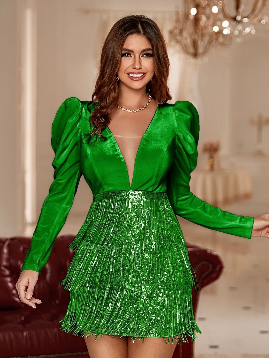 

KPOP Women Solid V-Neck Bodycon Dress, Green