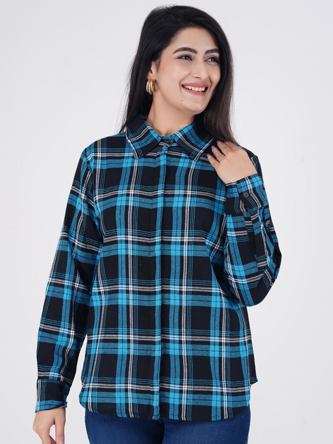 

BAESD Women Spread Collar Tartan Checked Cotton Casual Shirt, Blue