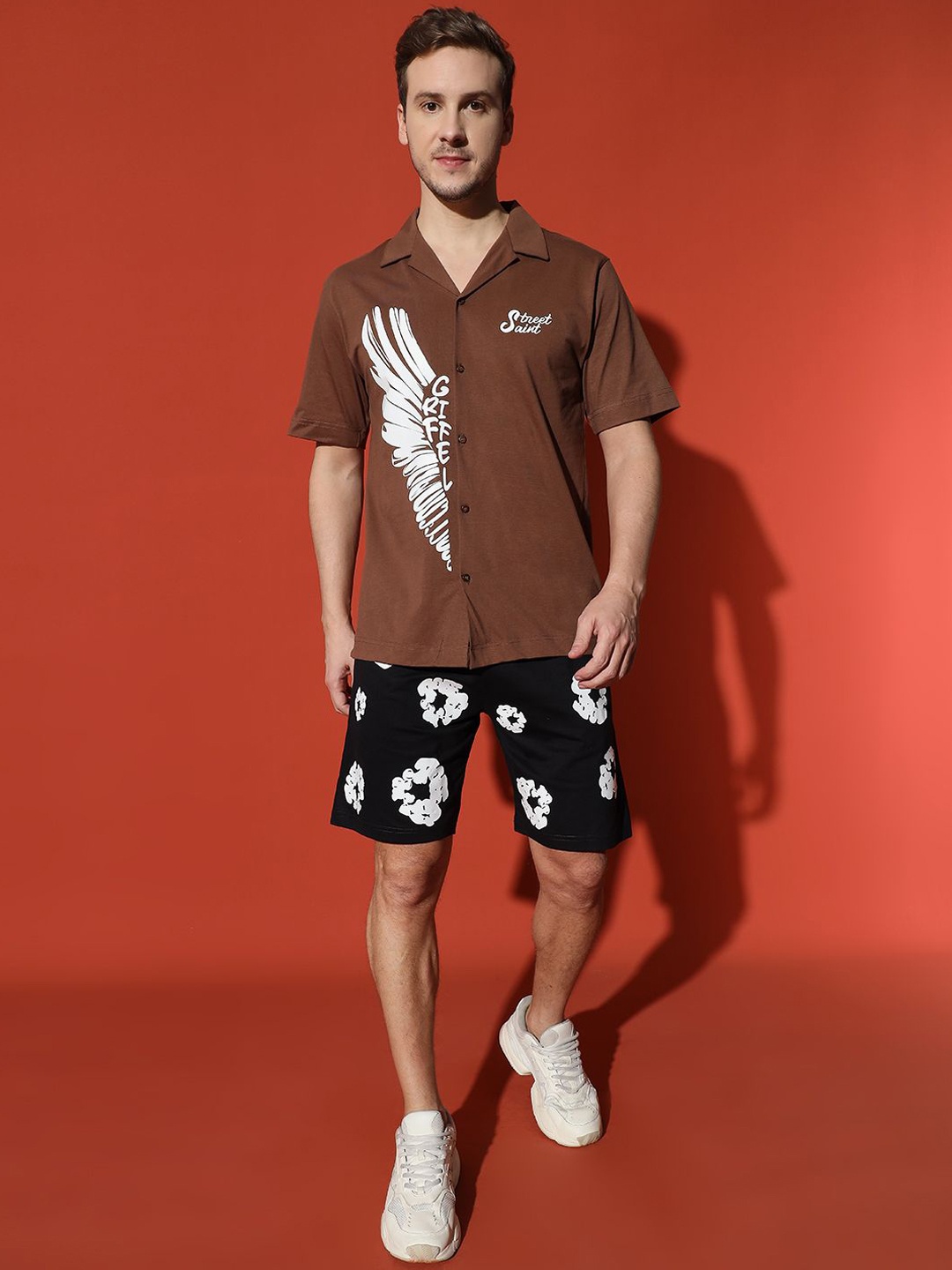 

GRIFFEL Printed Cotton Shirt & Shorts Co-Ord, Coffee brown