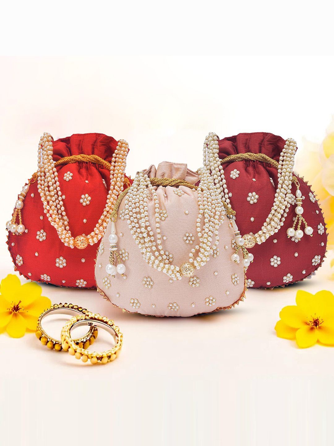 

Kuber Industries Set Of 3 Embroidered Potli Clutch, Pink
