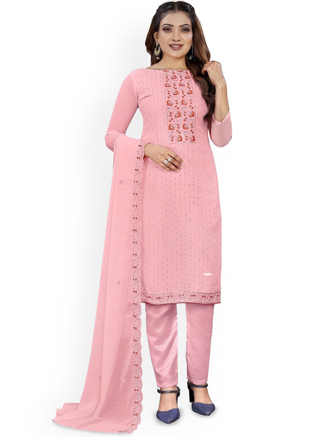 

LADY SHOPI Floral Embellished Sequinned Unstitched Dress Material, Peach