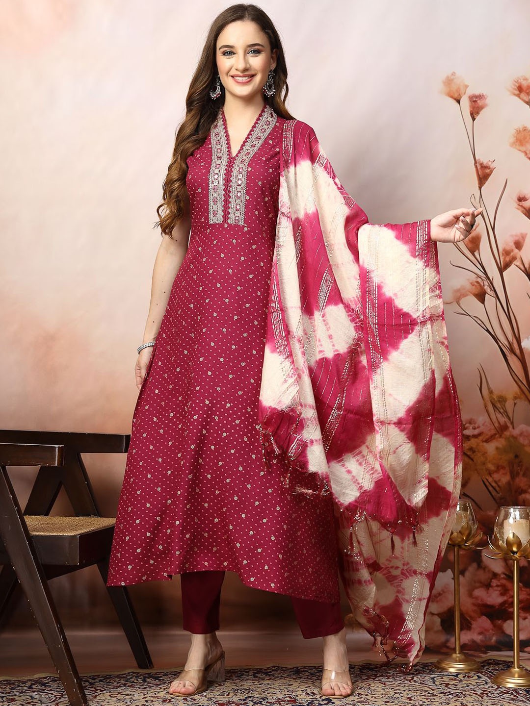 

Stylum Magenta Floral Printed A Line Kurta With Dupatta