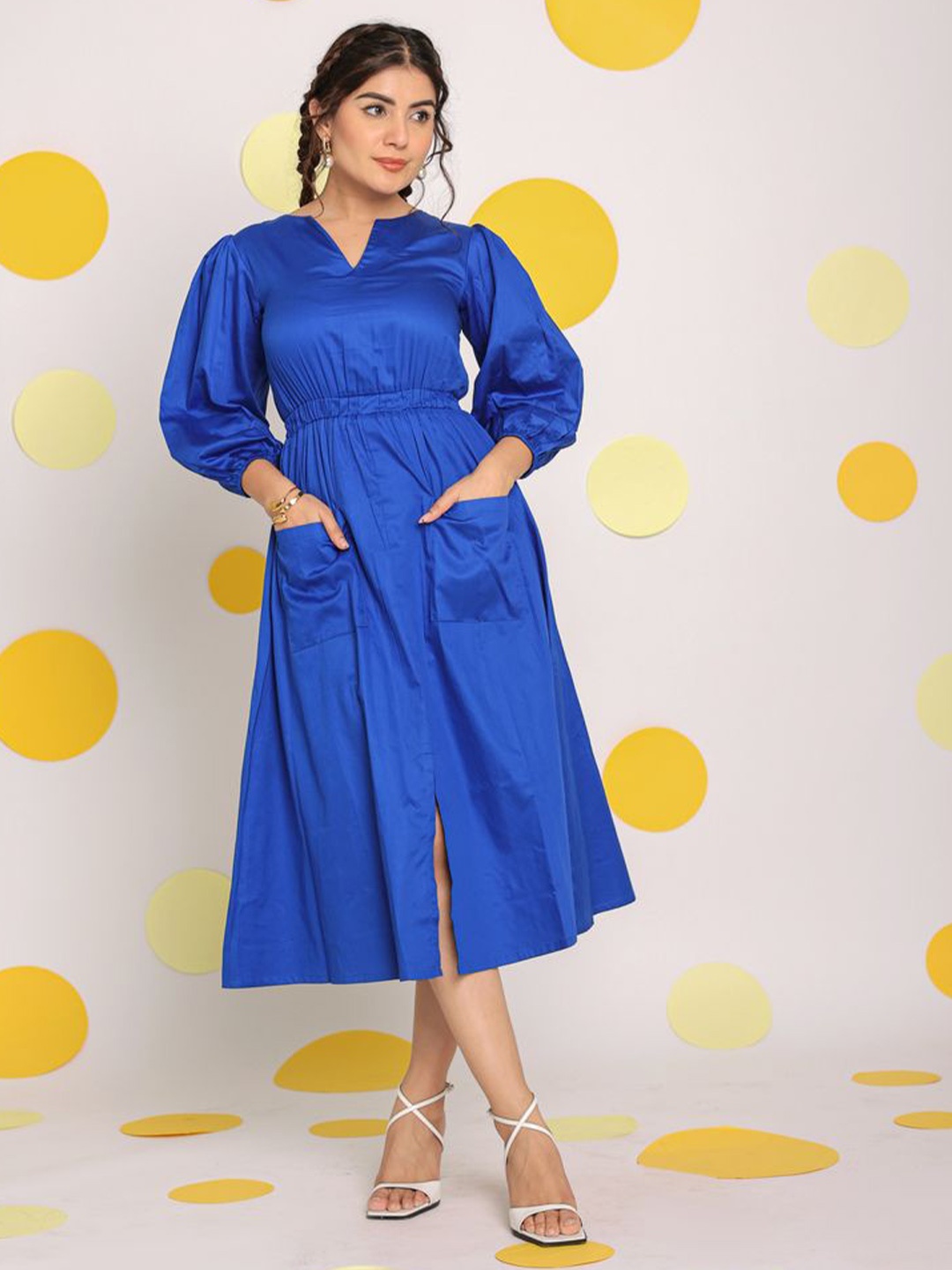 

KAORI BY SHREYA AGARWAL A-Line Three-Quarter Sleeves Midi Dress, Blue
