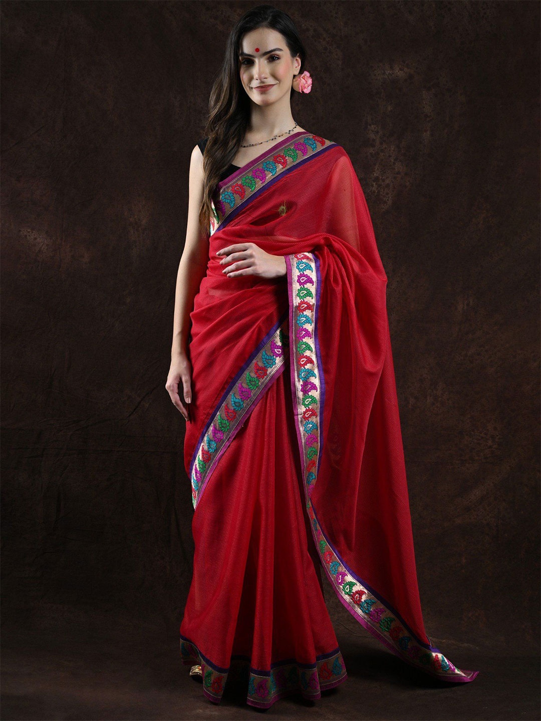 

Exotic India Graph Check Saree with Zari Work Paisleys Patch Border, Red