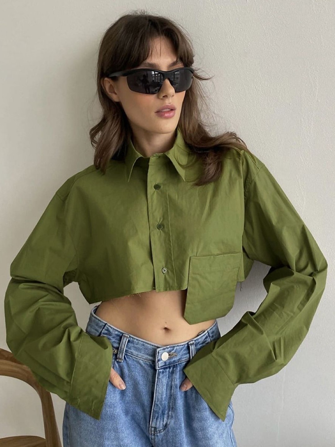 

KPOP Women Solid Shirt Collar Top, Green