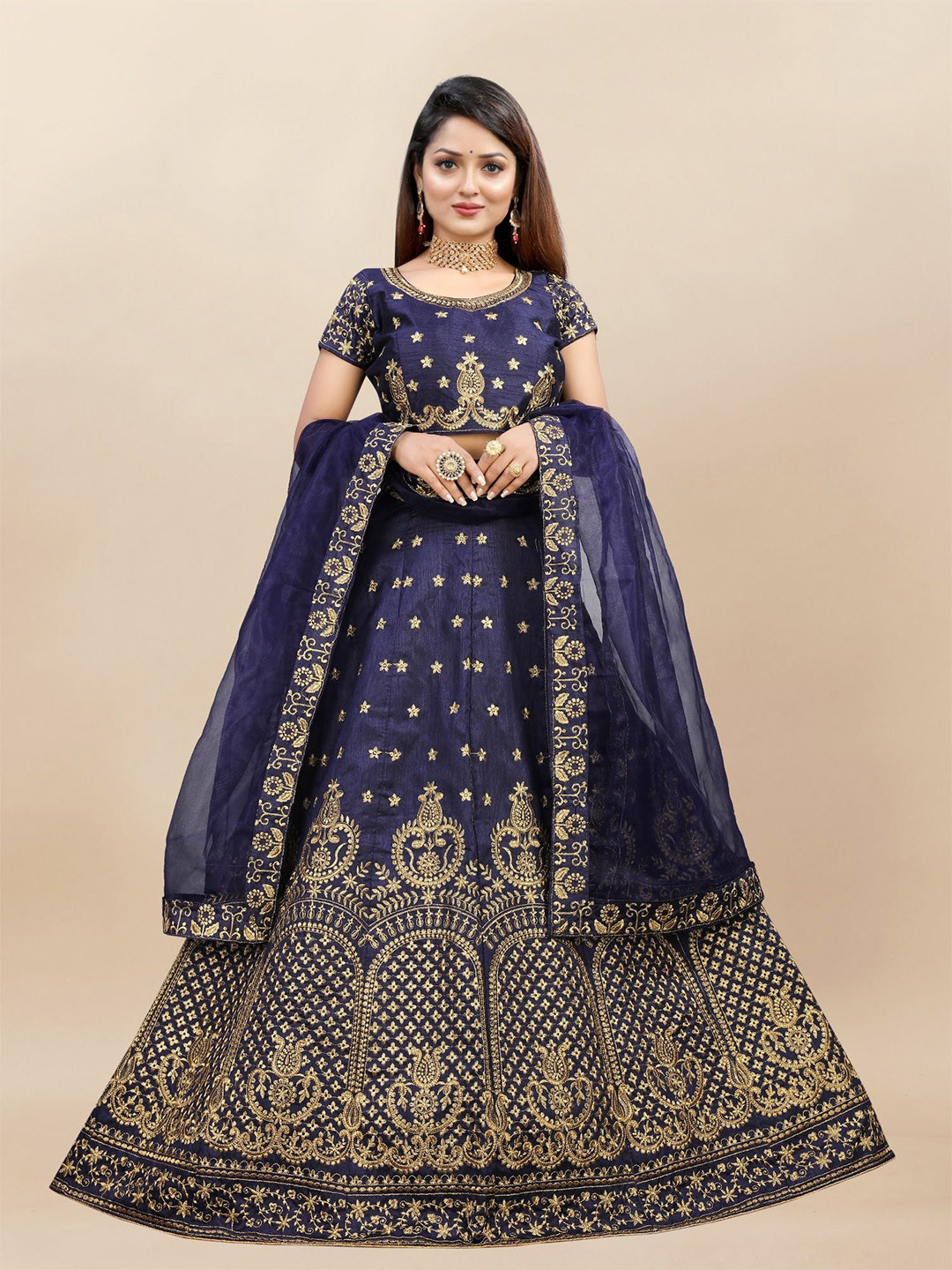 

LADY SHOPI Embroidered Thread Work Semi-Stitched Lehenga & Unstitched Blouse With Dupatta, Blue