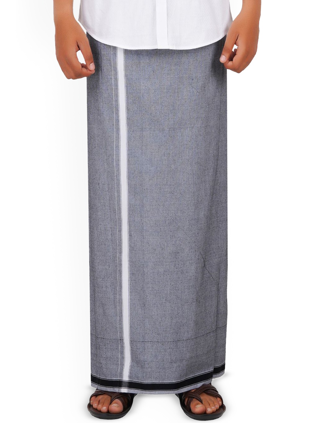 

ETHAZH Men Thalapathy Cotton Dhoti With White Border, Grey