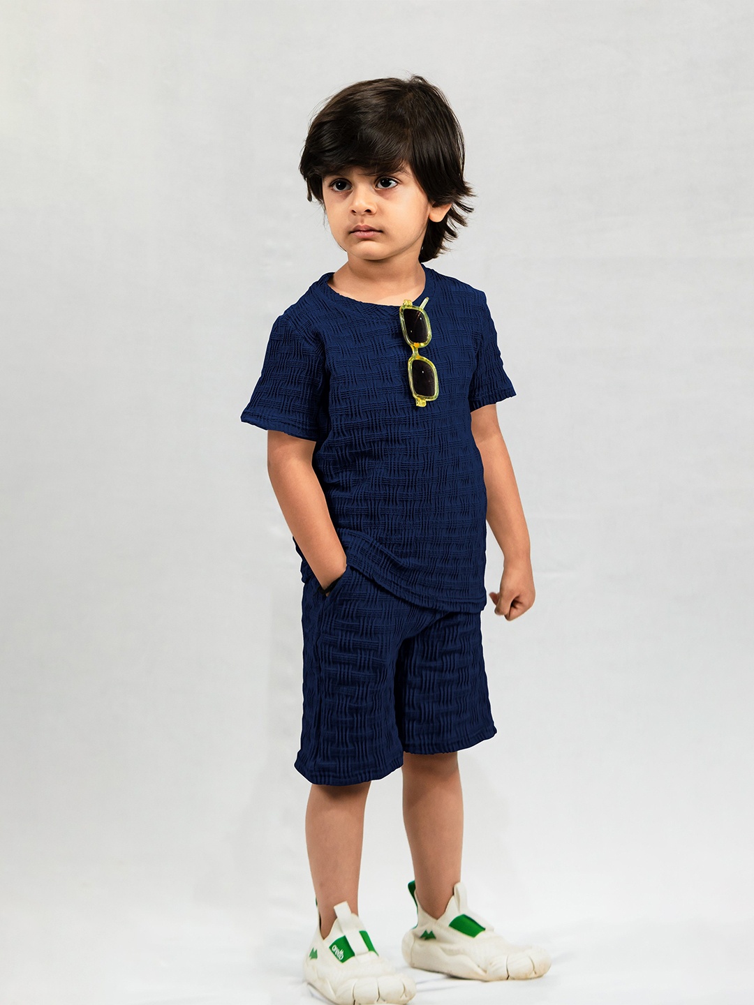 

Emblica Unisex Kids Self Design Round Neck Short Sleeves Casual T-shirt With Shorts, Navy blue