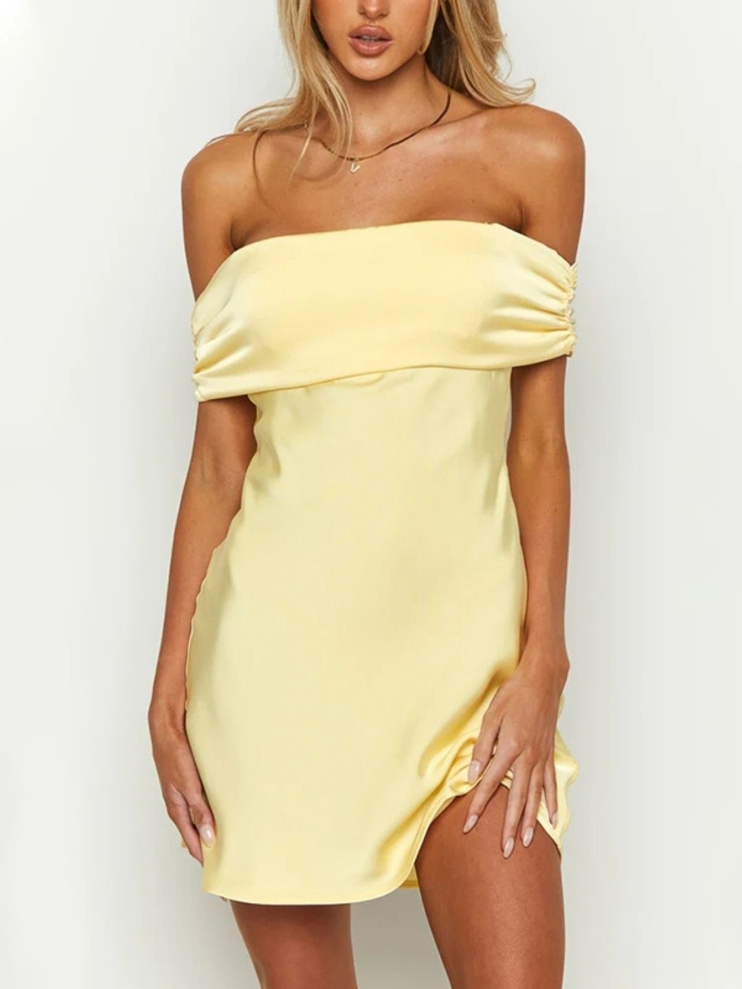 

KPOP Solid Off-Shoulder Bodycon Dress, Yellow