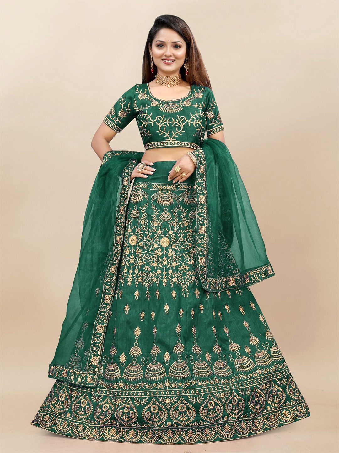 

LADY SHOPI Embroidered Semi-Stitched Lehenga & Unstitched Blouse With Dupatta, Green