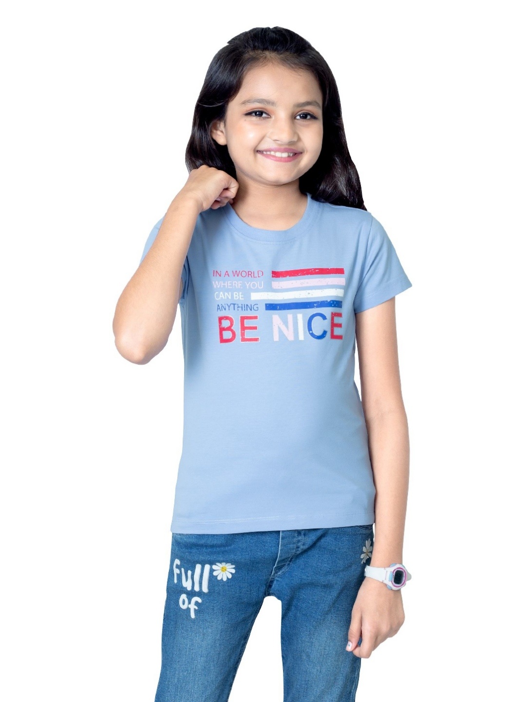 

ONE SKY Girls Typography Printed Round Neck Cotton T-shirt, Blue